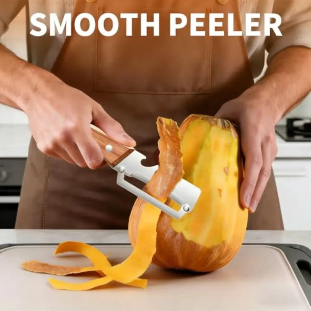 Multi-Functional Vegetable Peeler with Wooden Handle and Bottle Opener Stainless Steel Kitchen Peeler Peeling Tool