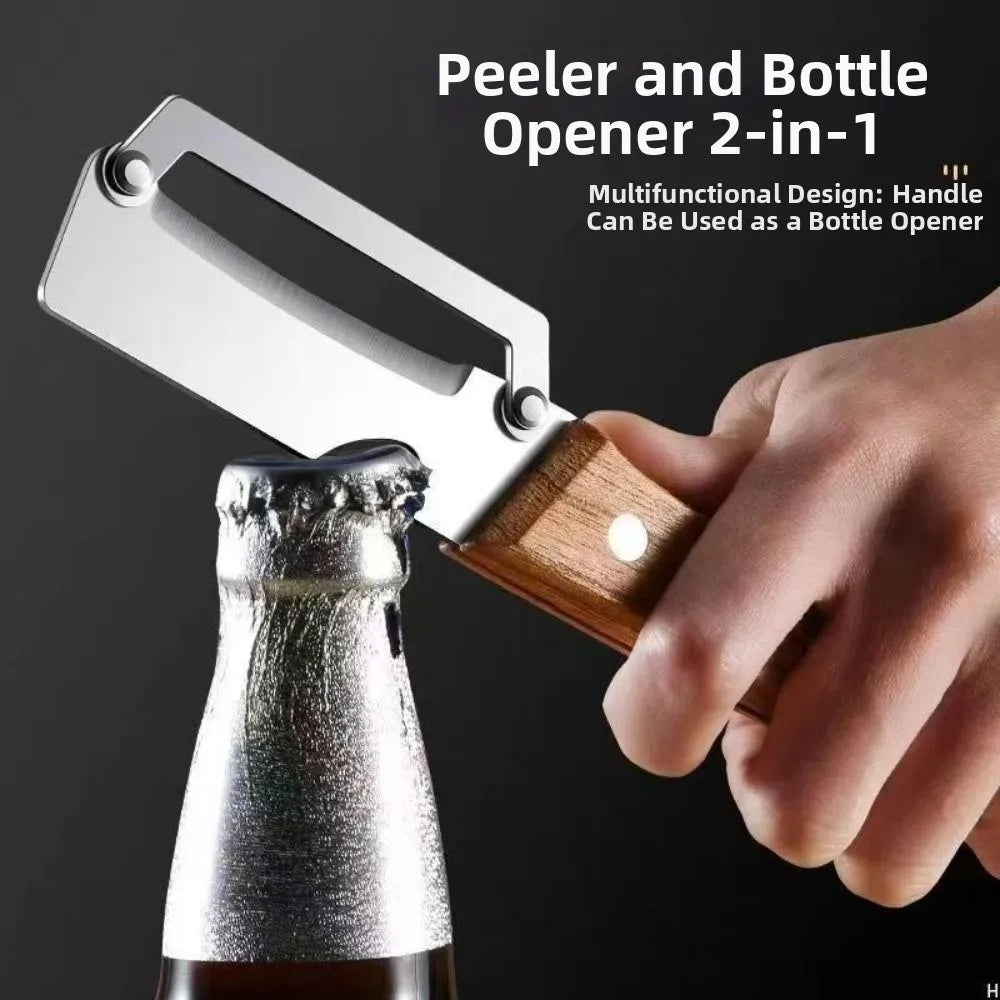 Multi-Functional Vegetable Peeler with Wooden Handle and Bottle Opener Stainless Steel Kitchen Peeler Peeling Tool