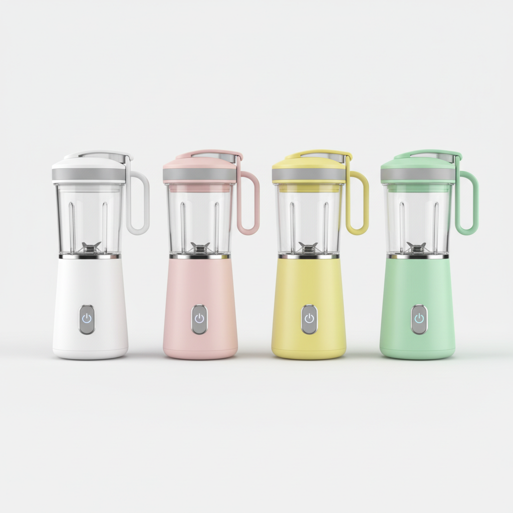 Portable personal blender with juice cup in white, pink, yellow, and green